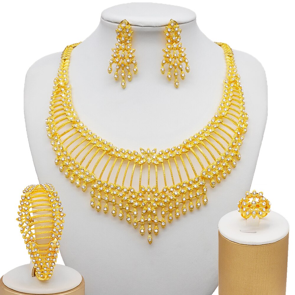 Dubai Indian Gold Color Necklace Bracelet Earrings Ring Jewelry Sets For Women Ethiopian Nigerian Bridal Wedding Jewellery Gifts