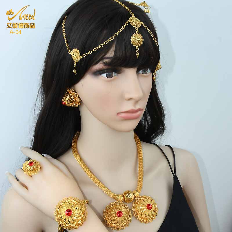 Women's six Piece Ethiopian Flower Shape Plated Jewelry Sets Nigerian Wedding Party Gifts Luxury Necklace Set