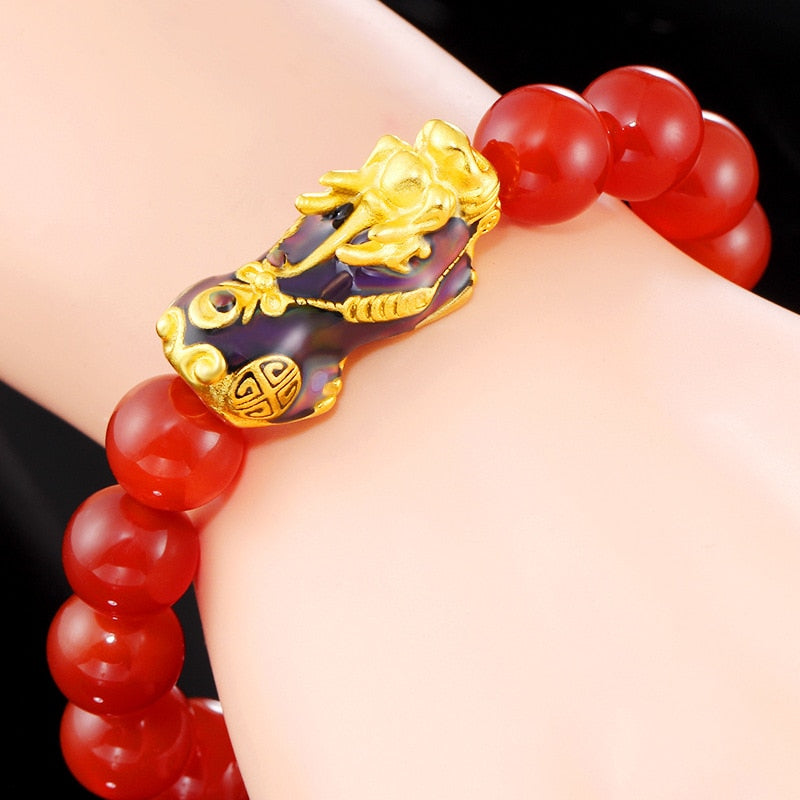 Stone Beads Bracelet Men Women Unisex Chinese Feng Shui Pi Xiu Obsidian Wristband Gold Wealth & Good Luck Pixiu Women Bracelets