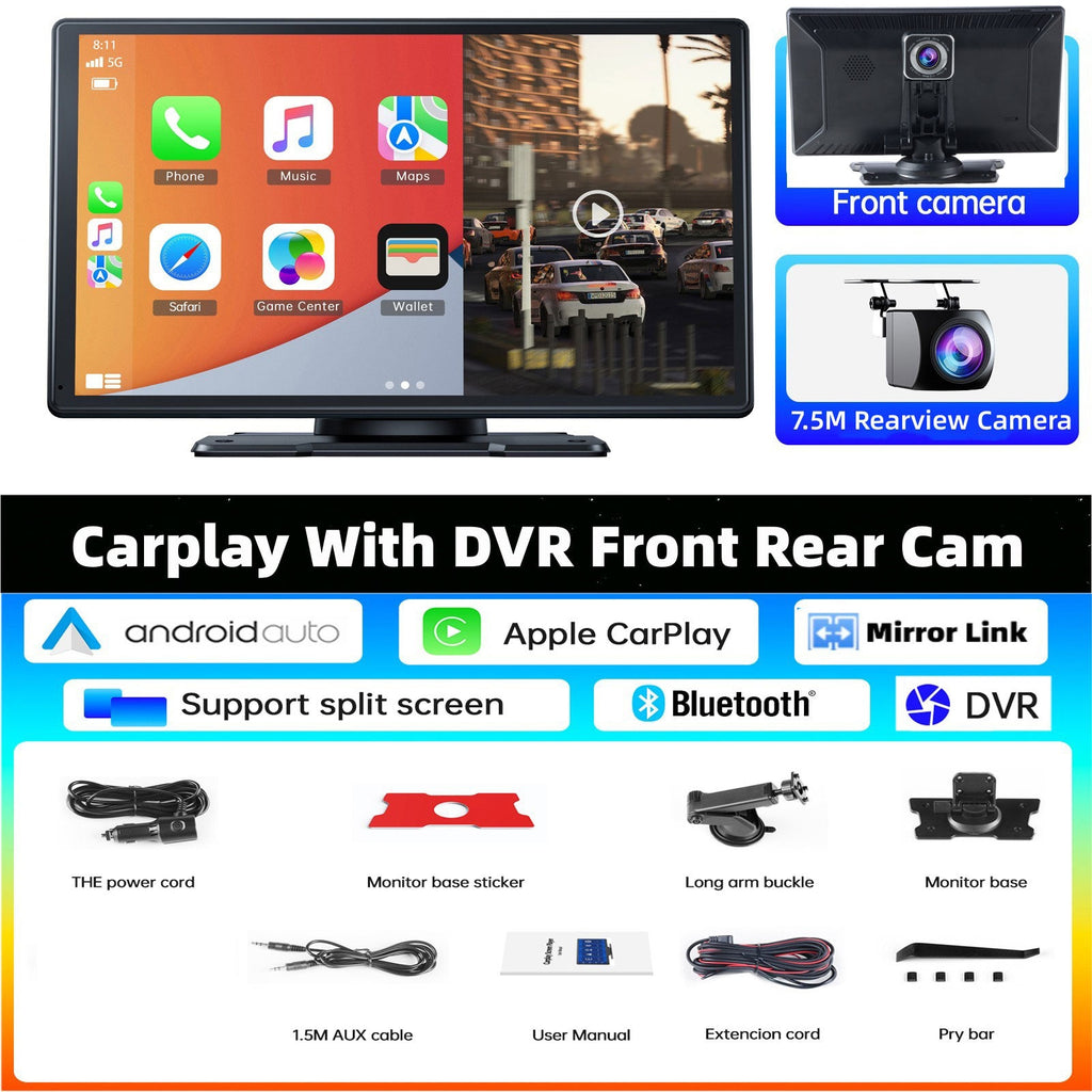 TOGUARD 9" Wireless Carplay Android Auto Multimedia Car Play Monitor Dual Len Cam Car Screen DVR GPS Wifi BT with Reverse Camera