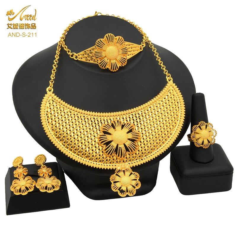 ANIID African Jewelry Set Big Necklace Dubai Ethiopian Gold Color Jewelery Earring Bracelet For Women Bridal Choker Wholesale