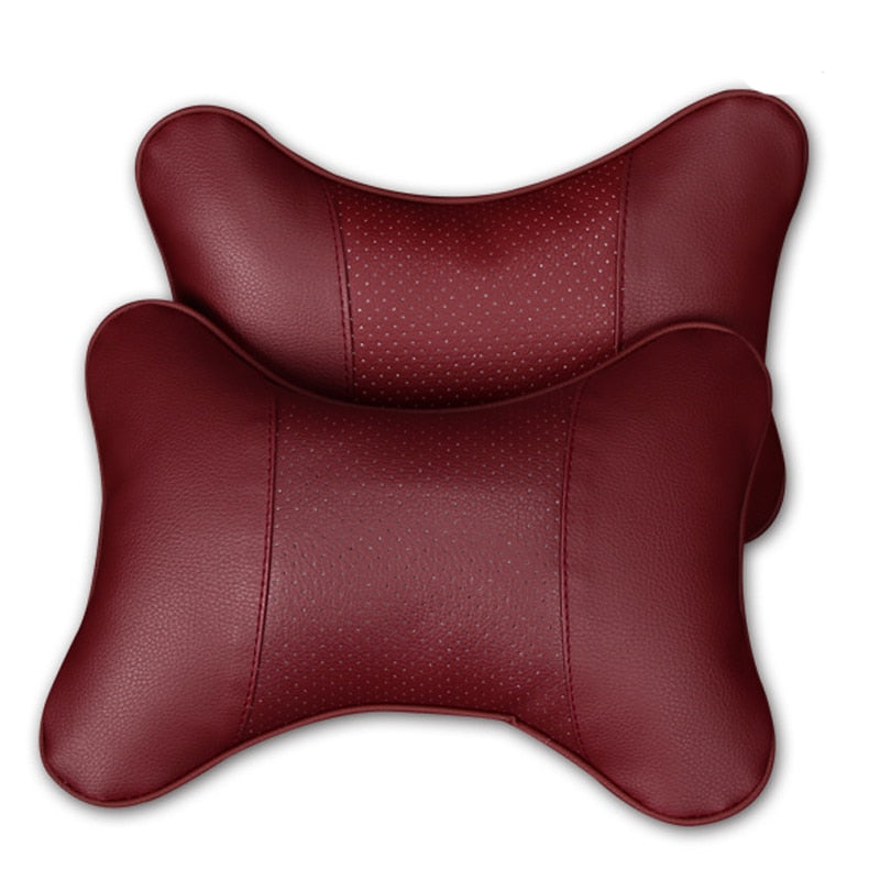 2pcs Car Neck Pillow  Double-sided PU Leather Perforating Design Hole-digging Car Headrest pillow Auto Safety Accessories