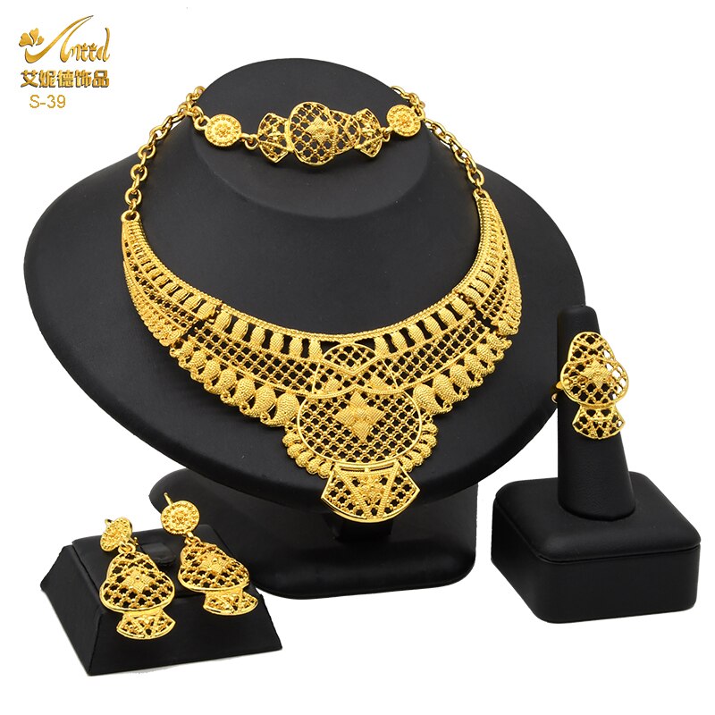 ANIID African Jewelry Set Big Necklace Dubai Ethiopian Gold Color Jewelery Earring Bracelet For Women Bridal Choker Wholesale