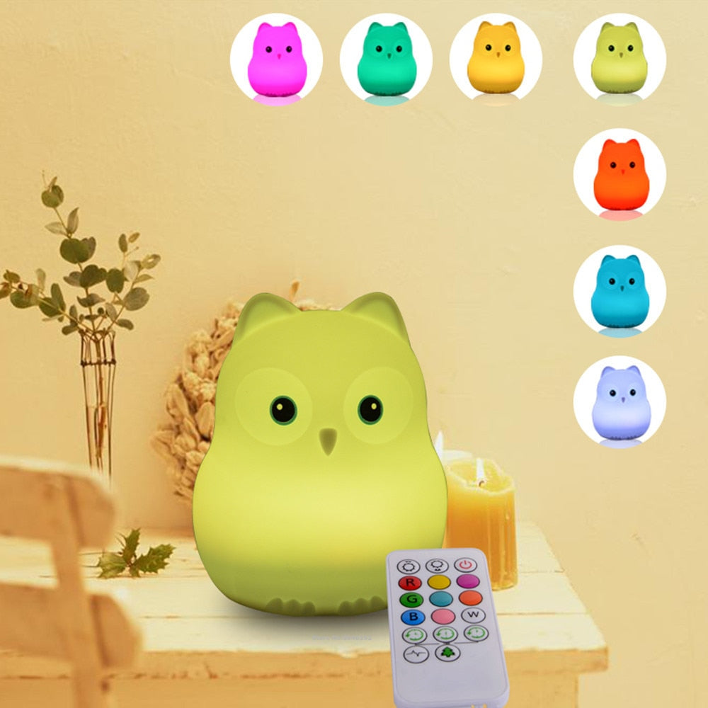 Owl LED Night Light Touch Sensor Remote Control 9 Colors Dimmable Timer Rechargeable Silicone Night Lamp for Children Baby Gift