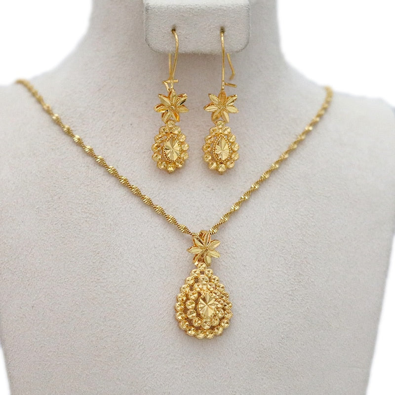 Dubai Jewelry Sets for Women 24k Gold Color Love Ethiopian African Heart Necklace Earrings Sets Arab Bridal Dowry Jewelry