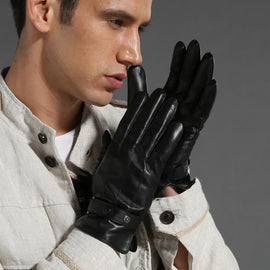 GOURS Winter Real Leather Gloves Men Black Genuine Goatskin Gloves with Fleece Lined Soft Warm Driving Fashion Mittens GSM020