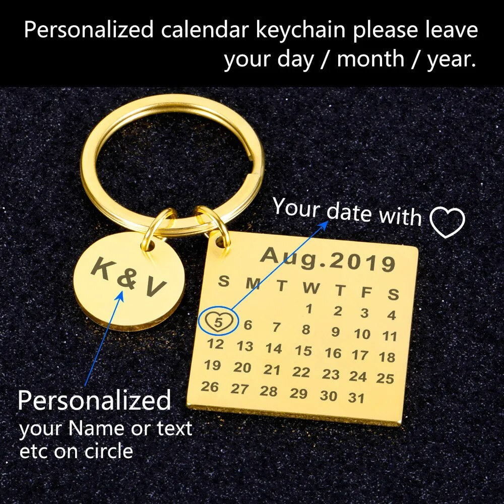 DIY Keychain Personalized Calendar Keychain Hand Carved Calendar Keyring Gift for Boyfriend Girlfriend Private Custom Engraving