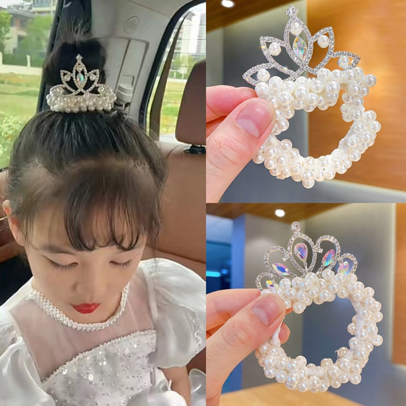 Fashion Pearl Crown Princess Hair Bands Elastic Rubber Bands Children Ball Hair Bun Ties Hair Styling Accessories