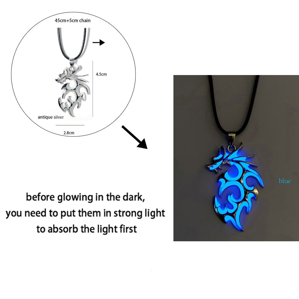 Glow-in-the-Dark Necklace for Men or Women with Luminous Dragon Necklace Glowing Night Fluorescence Antique Silver-Plated Halloween.