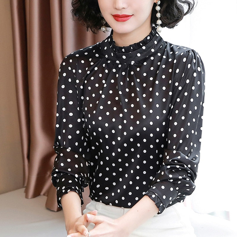 Women Blouses Casual Stand Collar Autumn Fashion Women Shirts Blouses Long Sleeve Polka Dot Women Tops 2023 Fashion Blusas 10589