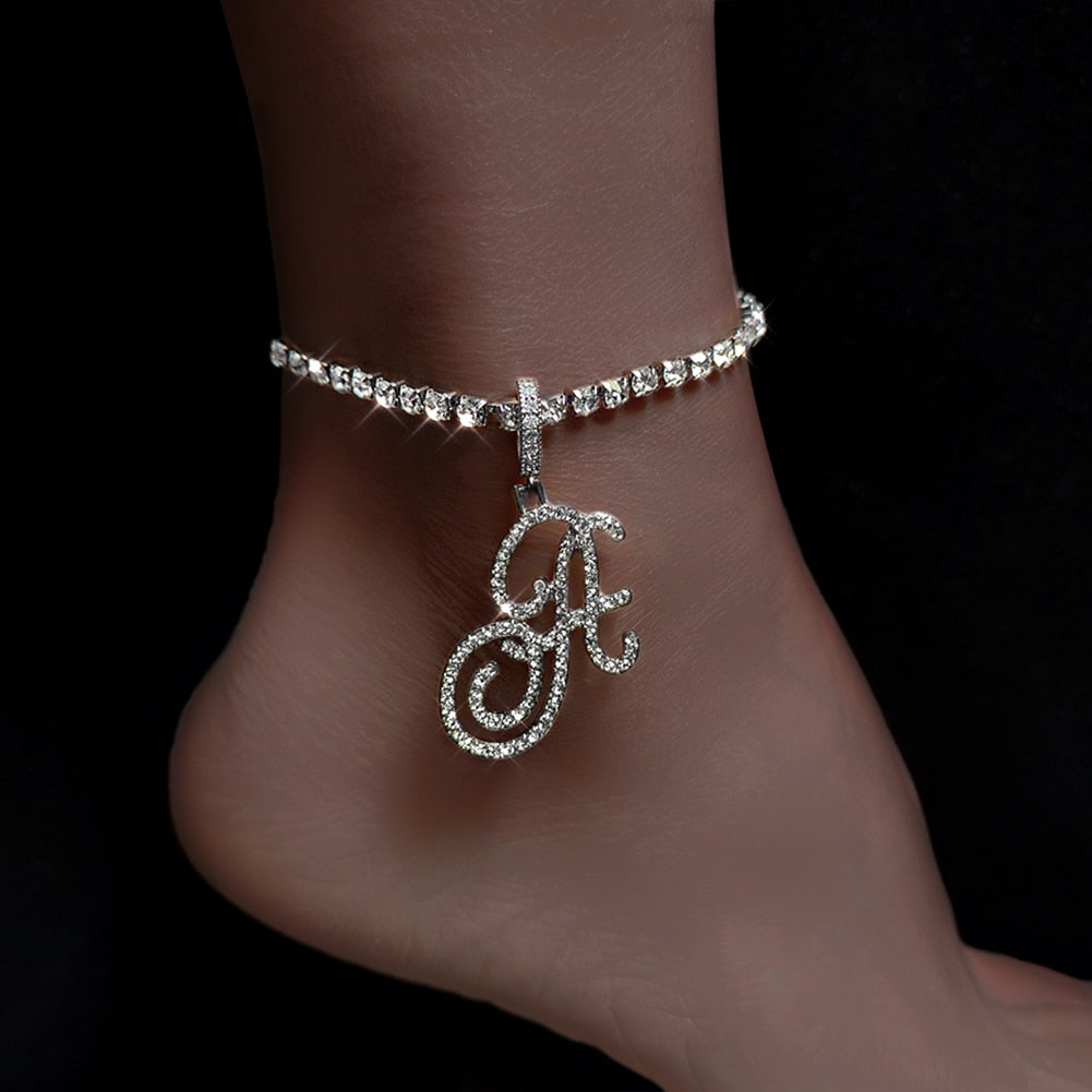 Fashion Cursive A-Z Initial Letters Zircon Anklets Bracelet For Women Bling Crystal Tennis Chain Anklet Beach Sandals Jewelry