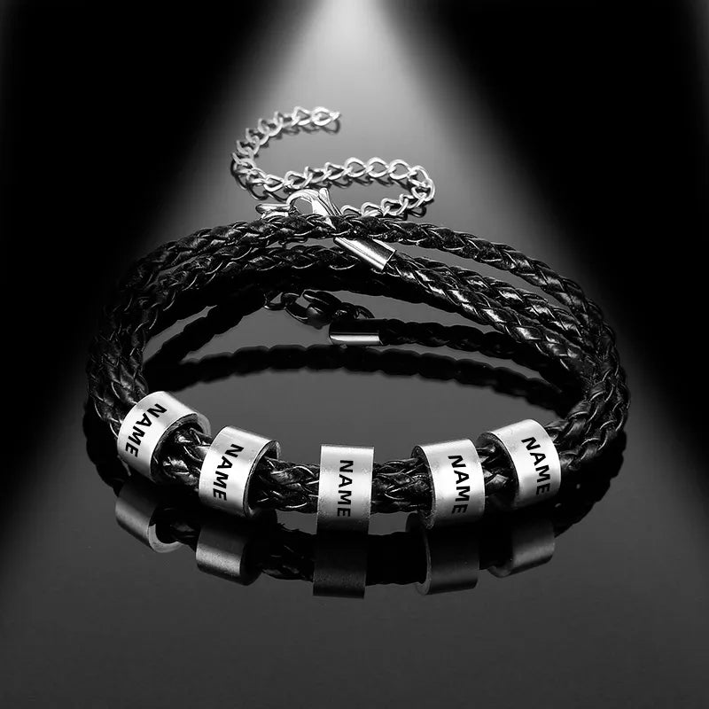 LIKGREAT Name Letter Customize Leather Bracelet for Women Men Stainless Steel Bead Braided Rope Wrist Bracelets Personalized