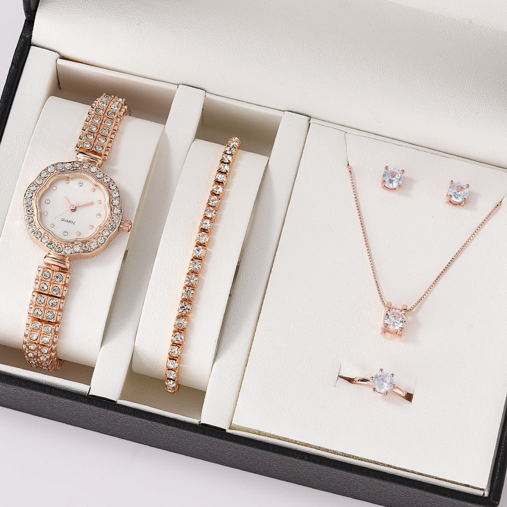 6PCS Set Luxury Watch Women Ring Necklace Earrings Rhinestone Fashion Wristwatch Female Casual Ladies Watches Bracelet Set Clock