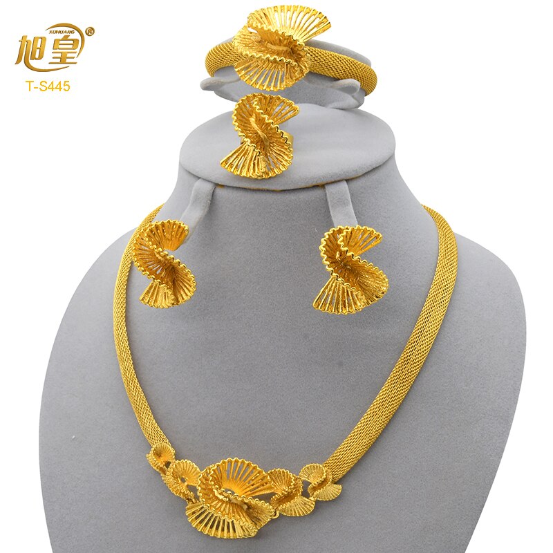 XUHUANG African Necklaces Bracelets Earing Sets Nigerian Wedding Jewelry Set Ethiopian Gold Colour Necklace Jewellery Set Gifts