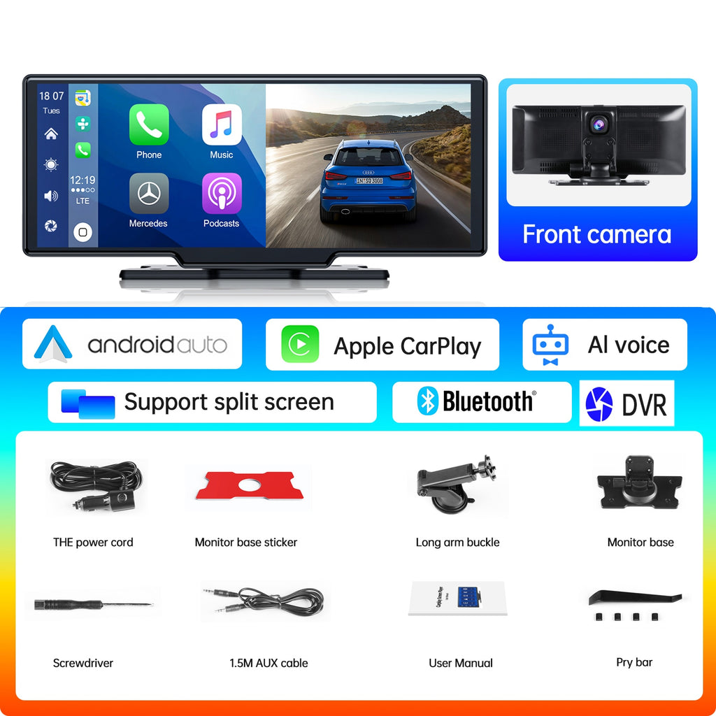 TOGUARD 10inch Dual Lens Wireless Carplay Screen Player Android Auto Car Stereo DVR Recorder Dashboard WiFi GPS Rearview Camera