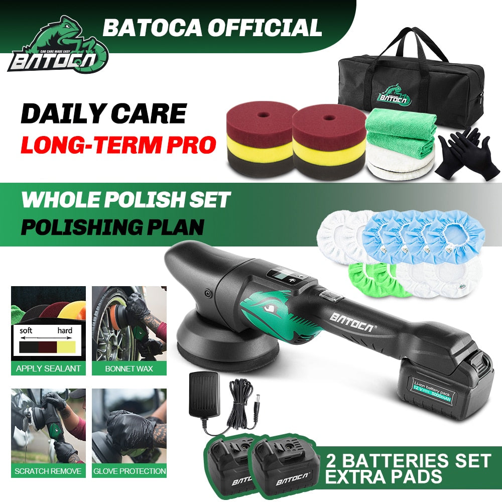 Batoca S2 Cordless Car Polisher Set 2 x 5.0Ah Battery Wireless Car Polishing Machine Dual Action LCD Soft Start Polisher