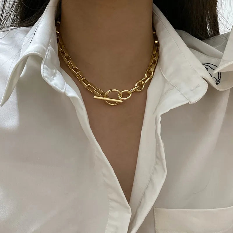 Peri'sBox Box Chain Toggle Clasp Gold Color Necklaces Mixed Linked Circle Necklaces for Women Minimalist Choker Necklace Jewelry