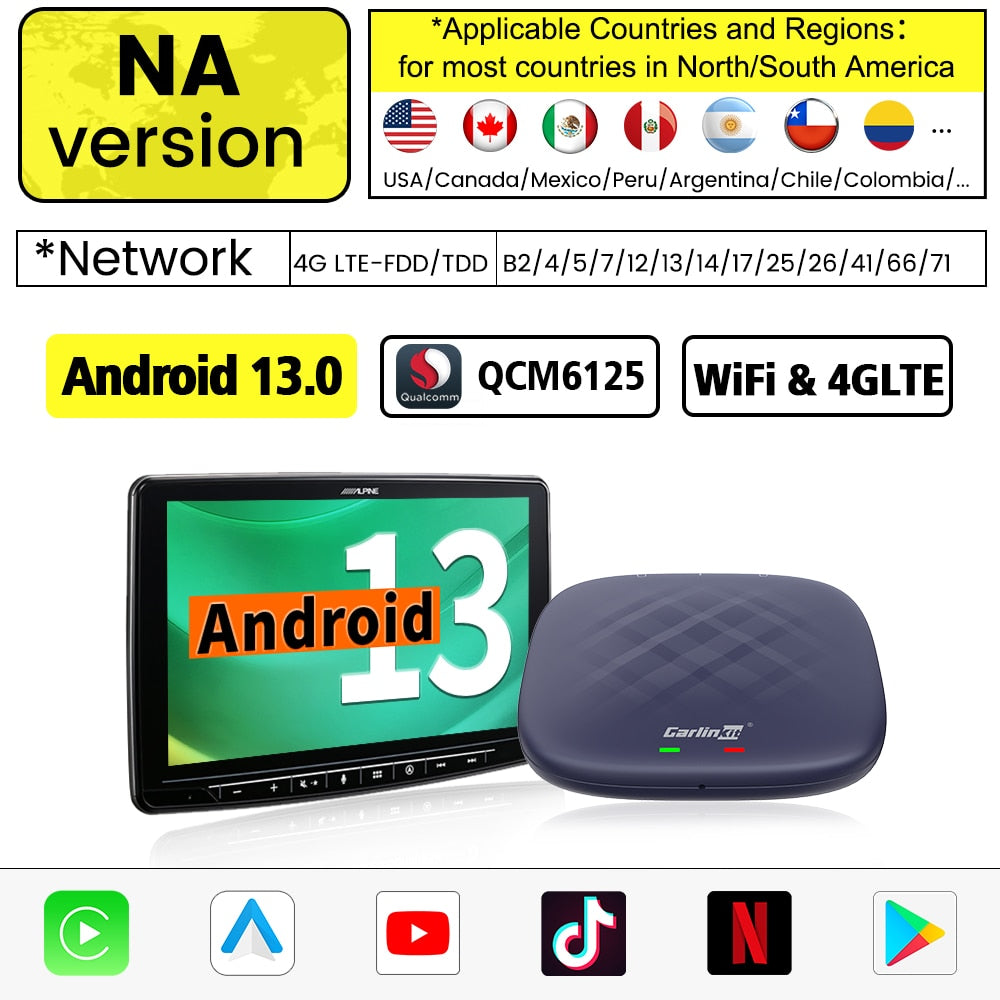 Android 13 CarlinKit Android Auto Wireless CarPlay AI TV Box QCM6125 8-Core Split Screen 64G 128G For Netflix YouTube Play Store