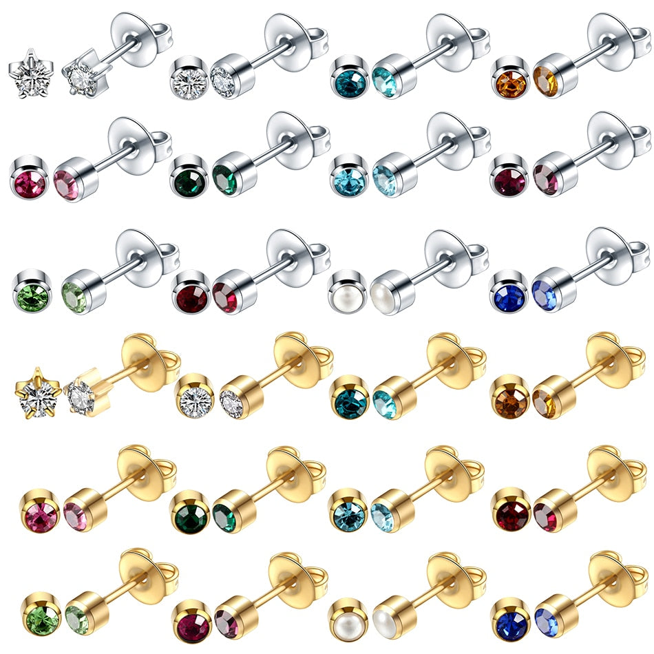 Twelve pieces or a pair Birthstone Gem Steel Earring Studs Ear Piercing Jewelry.