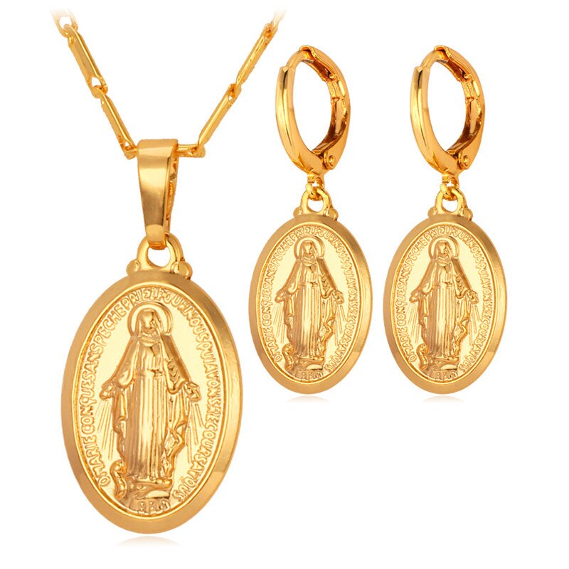 U7 Platinum Rose Gold 18K Color Virgin Mary Miraculous Medal Oval Coin Necklace Earring 2pcs/set Jewelry Set for Women