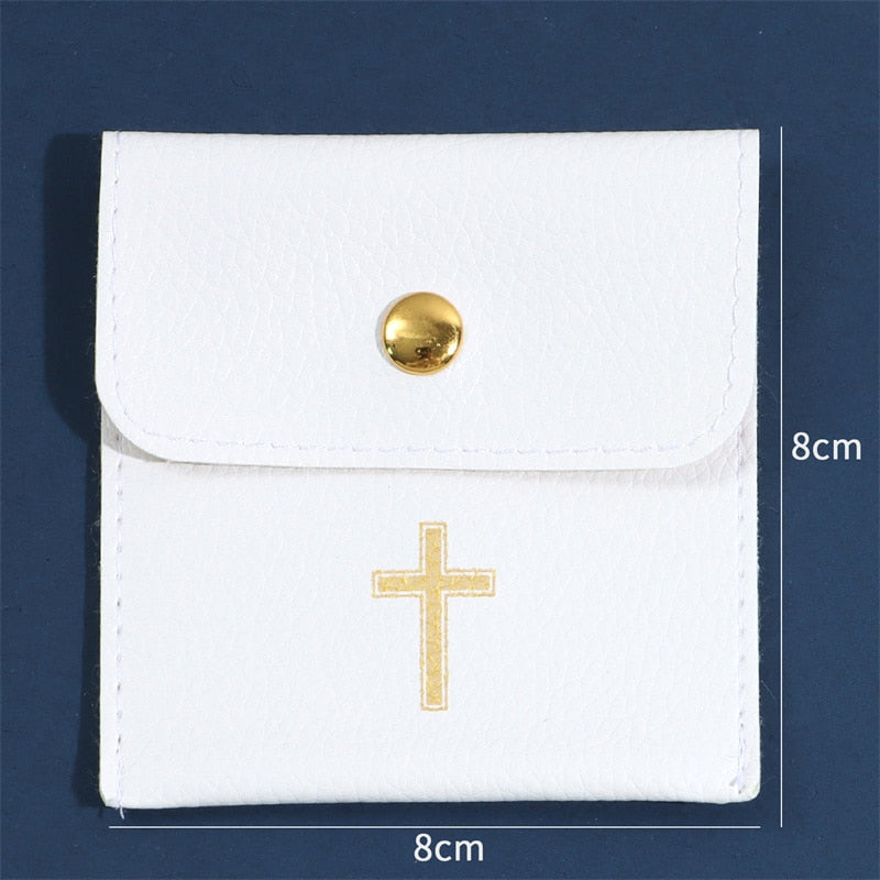 Pu Leather Bags for Rosary Necklace White Religion Jewelry Pouch with Cross Gift Packaging Buckle Bag Jewelry Storage Pouches