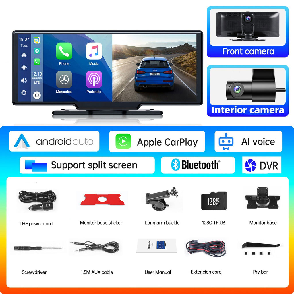 TOGUARD 10inch Dual Lens Wireless Carplay Screen Player Android Auto Car Stereo DVR Recorder Dashboard WiFi GPS Rearview Camera