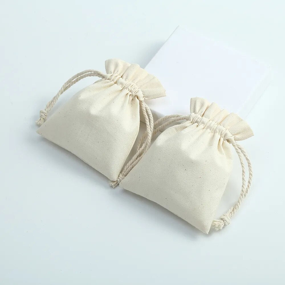 100pcs Nature Cotton Jewelry Bags Grosgrain Ribbon Drawstring Pouch Custom Logo Earring Bracelet Dice Dust Bag Wedding Gift Bag