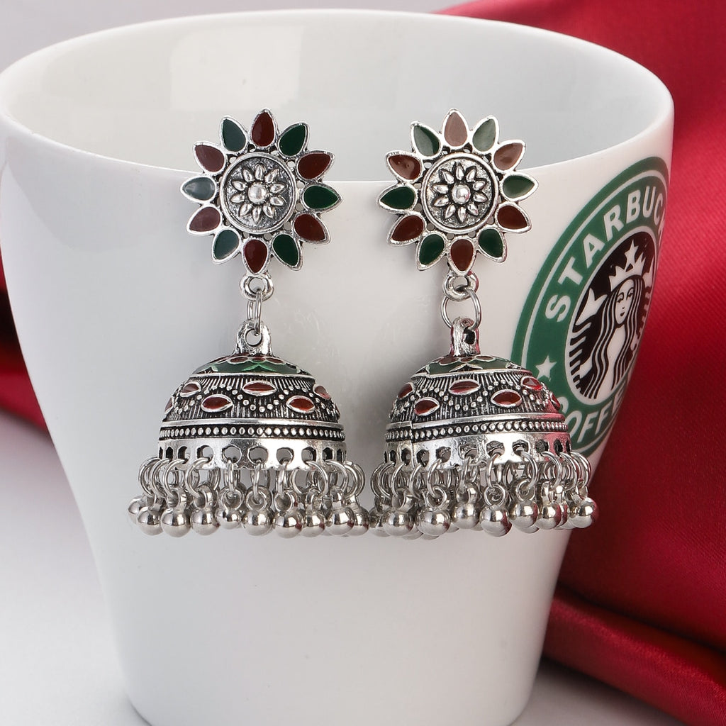 Ethnic Hollow Flower Turkish Jhumka Earrings For Women Vintage Indian Jewelry Silver Color Bell Tassel Dangling Earrings