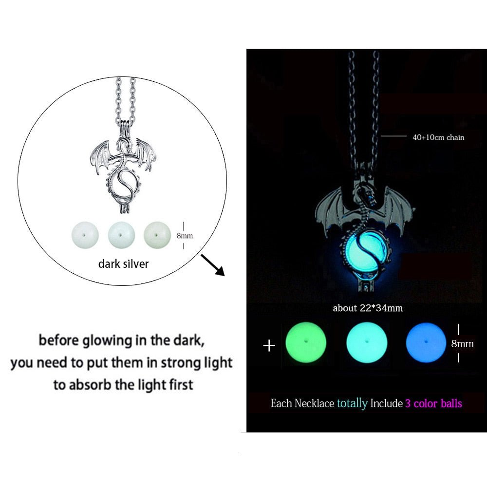 Glow-in-the-Dark Necklace for Men or Women with Luminous Dragon Necklace Glowing Night Fluorescence Antique Silver-Plated Halloween.