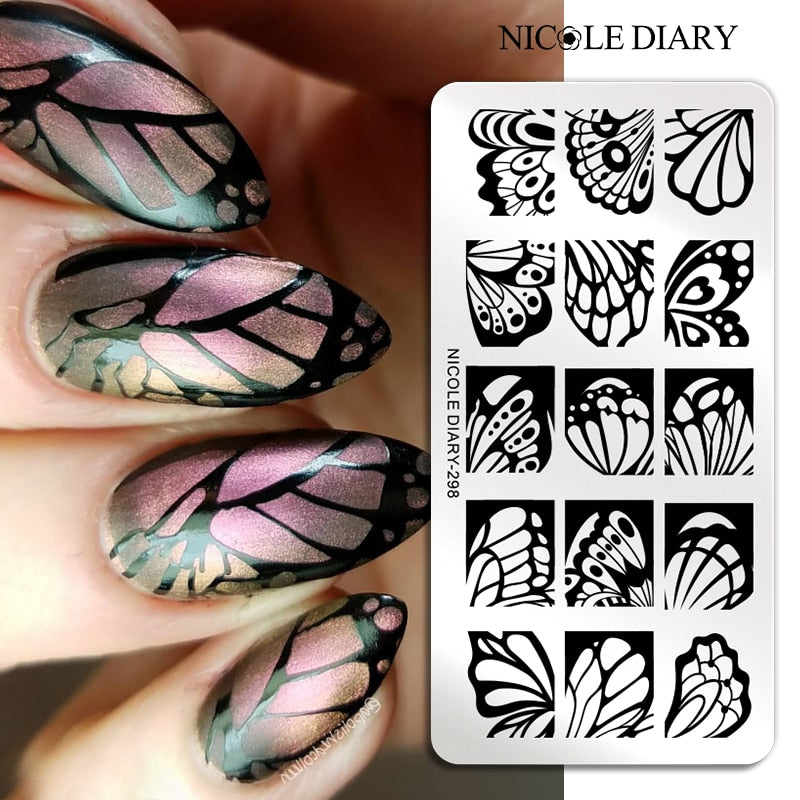 NICOLE DIARY Leaves Flower Stripe Design Stamping Plates Abstract Lady Face Nail Stamp Templates Leaf Floral Printing Stencil