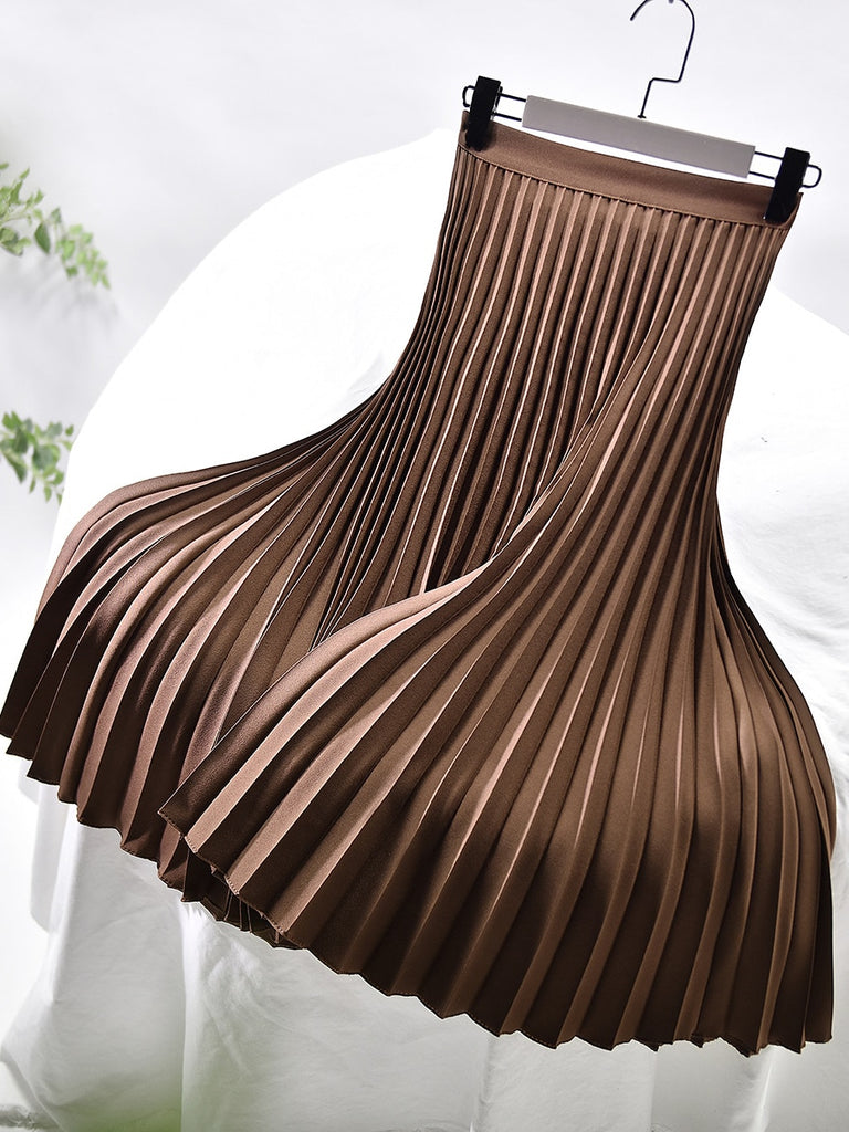 Brand Designer Women Spring Autumn Elegant Chic Solid Pleated Skirt High Waist Luxury Fashion With Elastic Female C-035