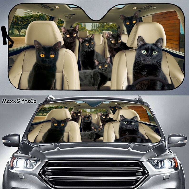 Black Cat Car Sunshade, Black Cat Gift, Black Cat Car Decoration, Cat Seat Cover, Gift for Father, Automatic Sun Shade