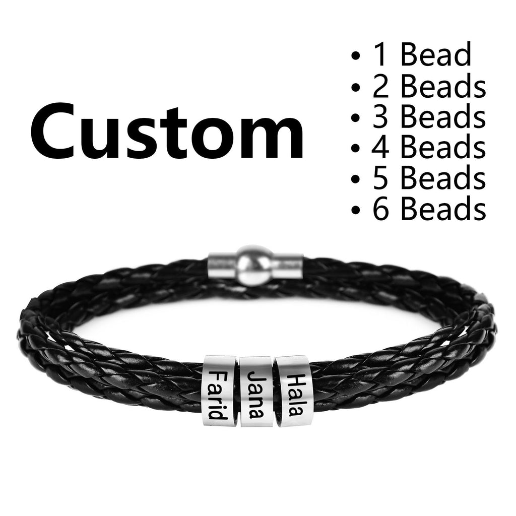 Personalized Mens Braided Genuine Leather Bracelet Stainless Steel Custom Beads Name Charm Bracelet for Men with Family Names