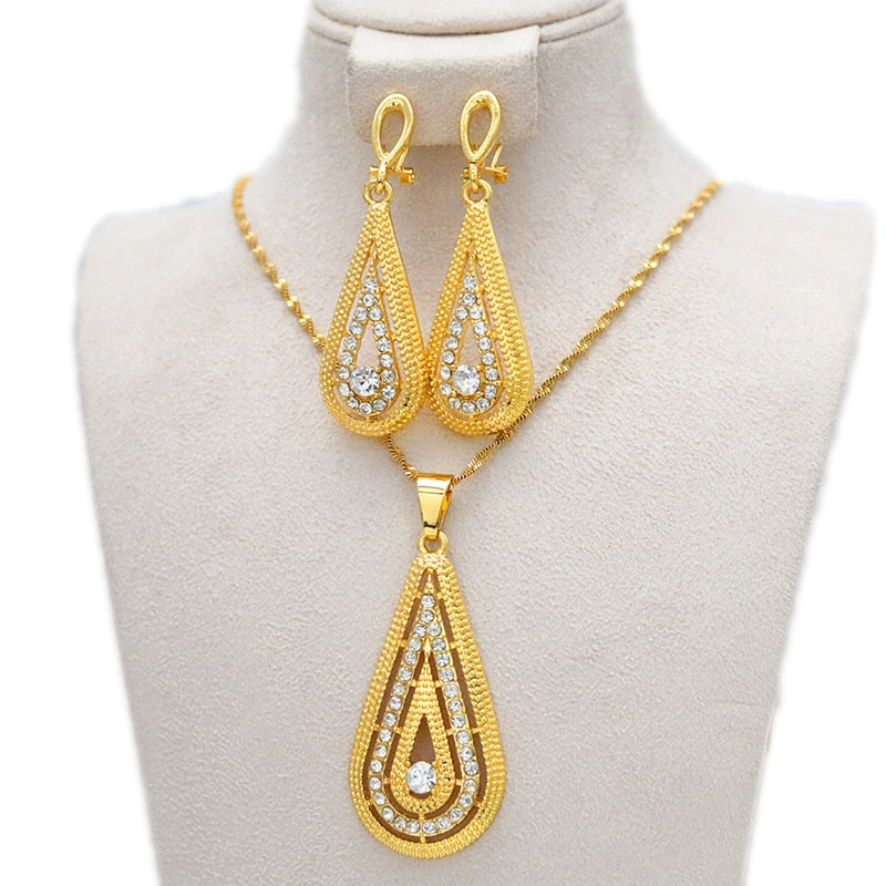 24k Gold Plated Ethiopian Earrings Pendant Necklace Set Dubai Women's Jewelry Set Africa India Nigeria Wedding Gift Party Jewelr