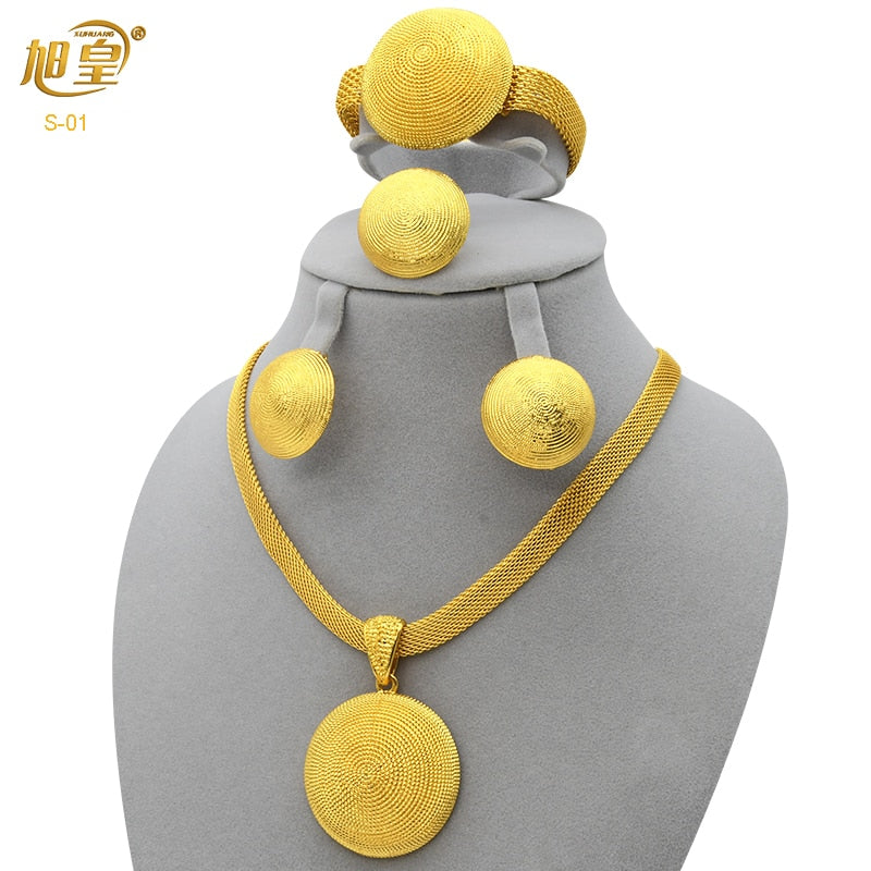 XUHUANG African Necklaces Bracelets Earing Sets Nigerian Wedding Jewelry Set Ethiopian Gold Colour Necklace Jewellery Set Gifts