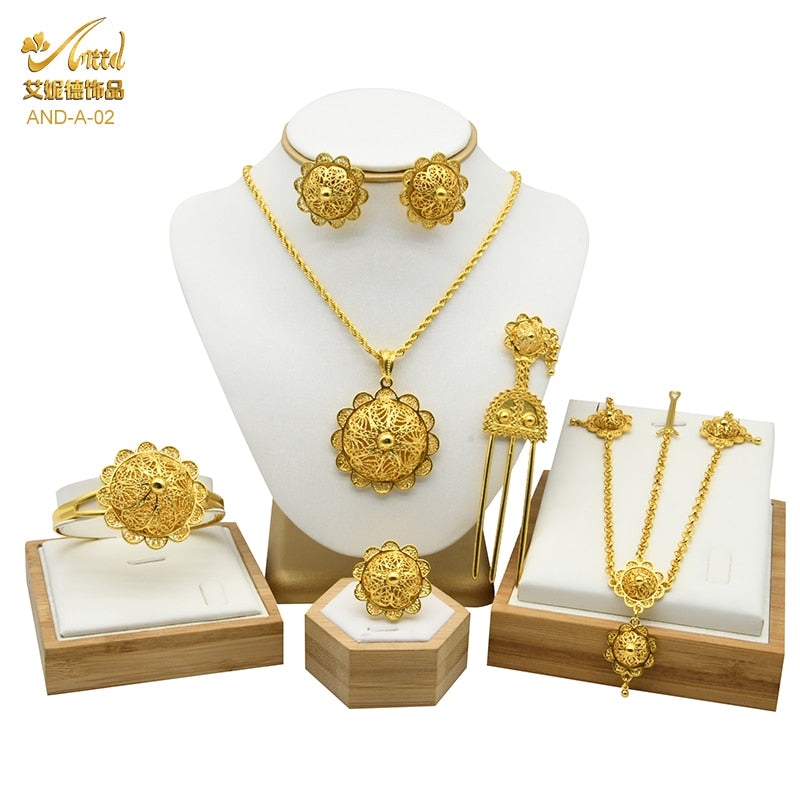 Women's six Piece Ethiopian Flower Shape Plated Jewelry Sets Nigerian Wedding Party Gifts Luxury Necklace Set