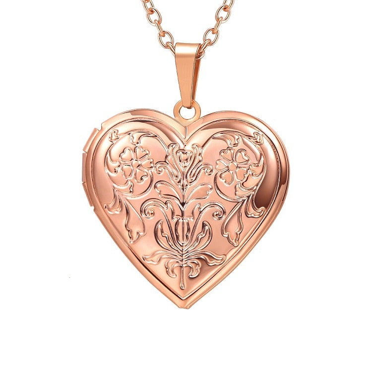 U7 Openable Heart Locket Necklace Photo Frame Memory Romantic Love Embossed Rose Flower Pendant for Women Best Mother&#39;s Day Gift