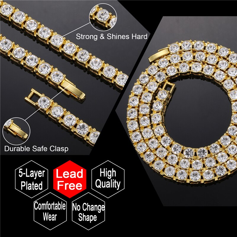Hip Hop 3MM,4MM,5MM Mens Iced Out Necklaces + Bracelet Rhinestone Choker Bling Crystal Tennis Chain Necklace For Men Jewelry