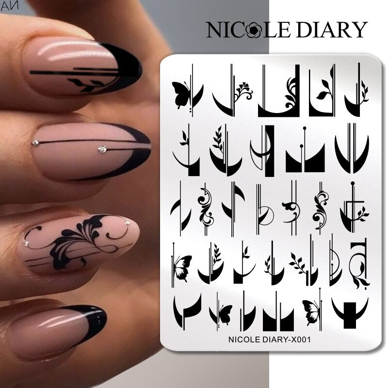 NICOLE DIARY Leaves Flower Stripe Design Stamping Plates Abstract Lady Face Nail Stamp Templates Leaf Floral Printing Stencil