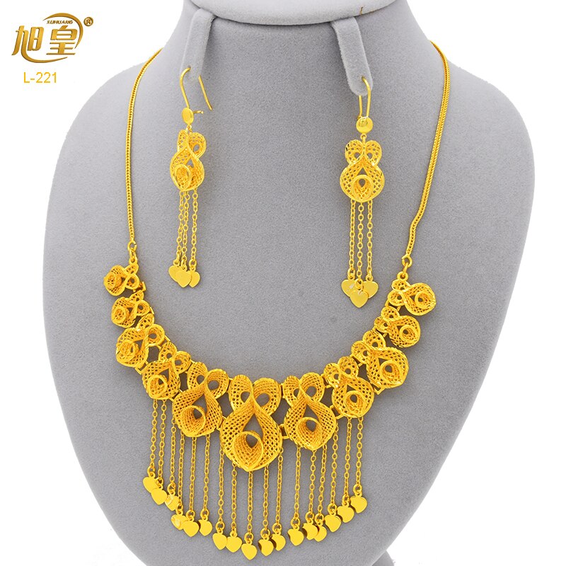 XUHUANG Dubai 24K Plated Necklace Earring Set Arabic Ethiopian Nigerian Banquet Wedding Party Necklace Choker Jewellery Set Gift