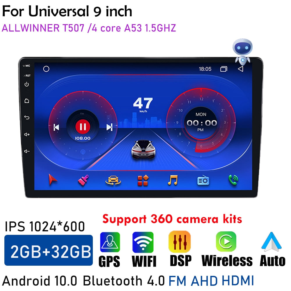 Central Multimedia 2 Din Android Universal Wireless Carplay Screen Android Auto 360 Bird View Panorama GPS BT Wifi 9inch Stereo