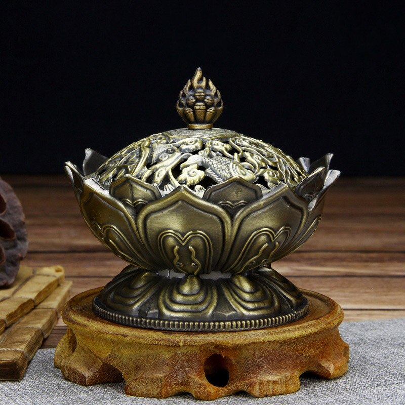 ERMAKOVA Lotus Flower Chinese Buddha Alloy Metal Incense Burner Incense Holder Handmade Censer Bowl Buddhist Home Decoration