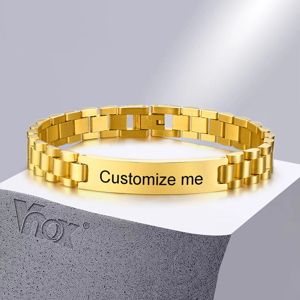 Vnox Gold Tone Stainless Steel Mens ID Bracelets Free Engraving Laser Name Date Customize Gift