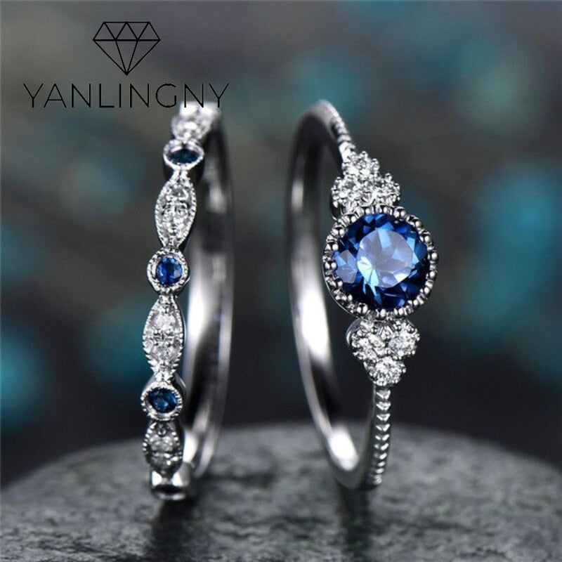 2Pcs/Set Classic Silver Plated Ring Green Blue Round Cut Created Birthstone Delicate Slim Ring for Women Bride Wedding Jewlery