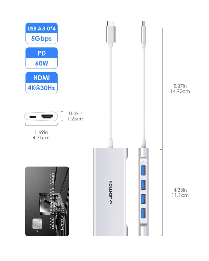 LENTION USB C Hub 4K@60Hz @30Hz HDMI USB-A 3.0 PD60W Multiport Adapter for M1 M2 MacBook/Pro/Air iPad Surface TypeC 1M Cable HUB