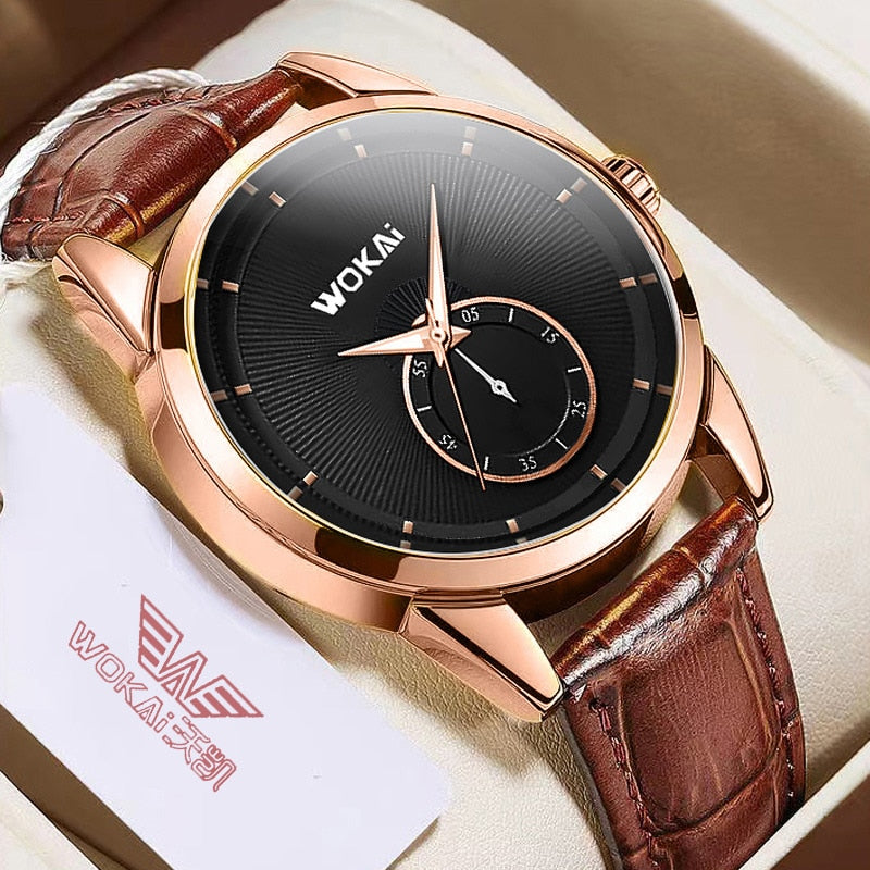 WOKAI high quality Rose Gold Men&#39;s Casual belt quartz watch Men&#39;s student three eyes Women&#39;s night light waterproof clock