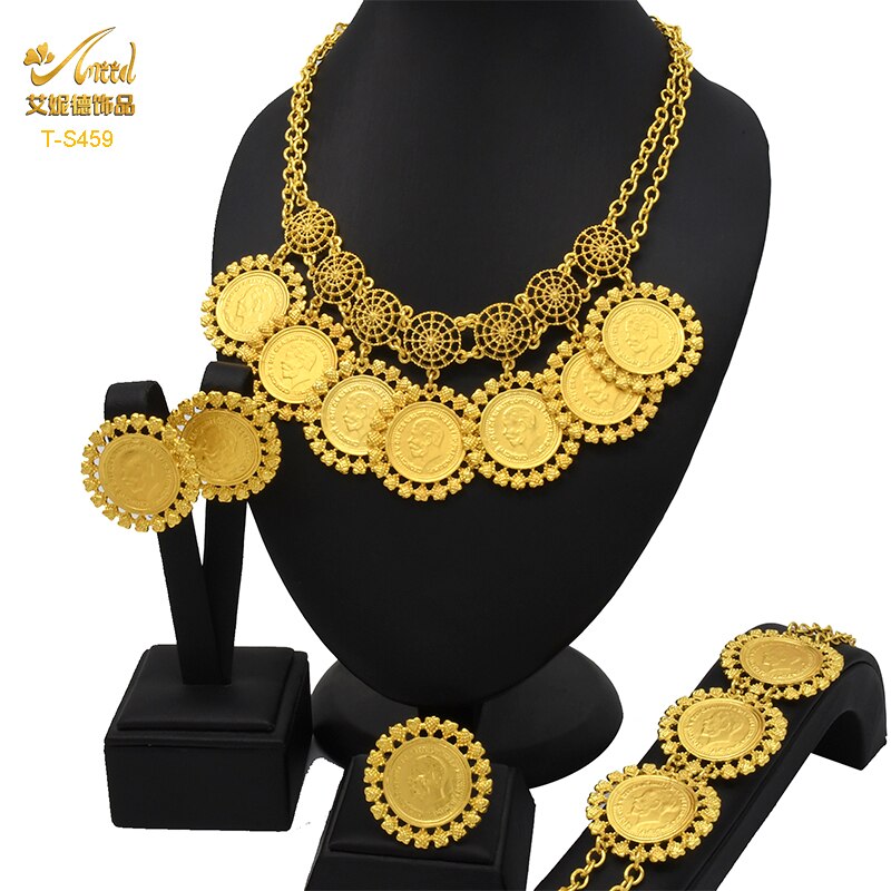 ANIID Dubai Gold Plated Coin Necklace Bracelet Jewelry Sets For Women African Ethiopian Bridal Wedding Luxury Jewellery Gifts