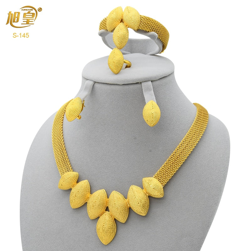 XUHUANG African Necklaces Bracelets Earing Sets Nigerian Wedding Jewelry Set Ethiopian Gold Colour Necklace Jewellery Set Gifts