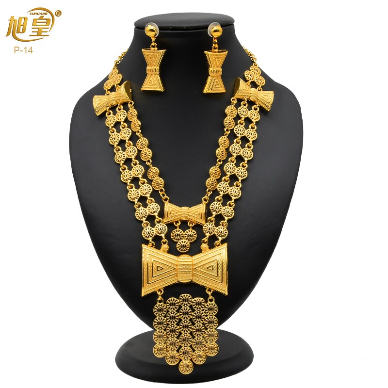 XUHUANG Ethiopian Gold Plated Jewelry Set For Women Dubai Bridal Wedding Necklace And Earring Set Moroccan African Jewelry Gift