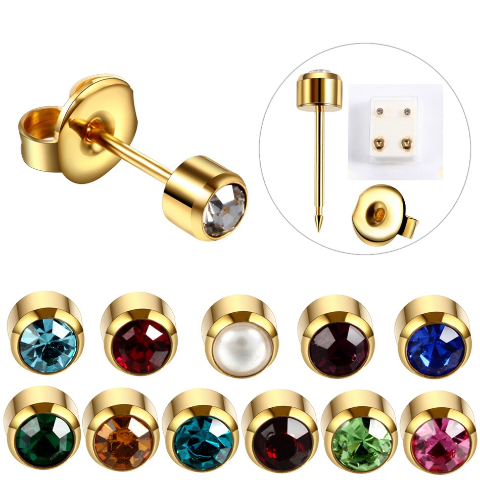 Twelve pieces or a pair Birthstone Gem Steel Earring Studs Ear Piercing Jewelry.